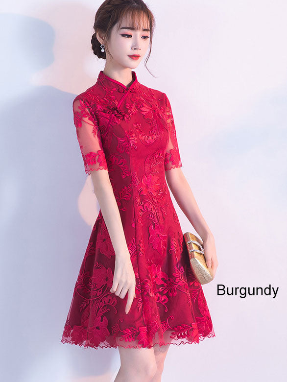 Red Lace Short A-Line Cheongsam Qi Pao Dress