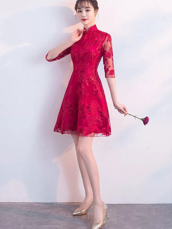 Red Lace Short A-Line Cheongsam Qi Pao Dress