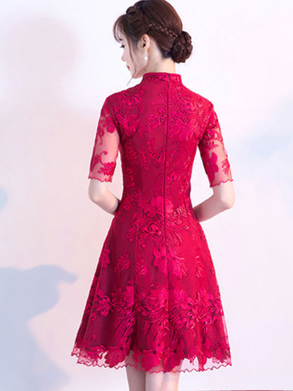 Red Lace Short A-Line Cheongsam Qi Pao Dress