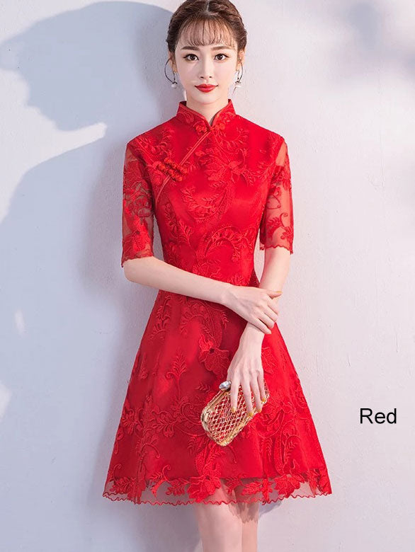 Red Lace Short A-Line Cheongsam Qi Pao Dress