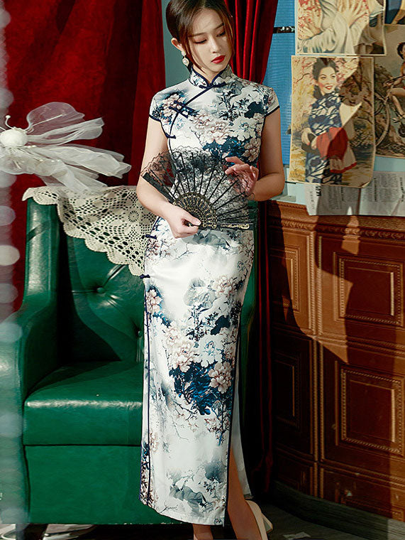 2022 Gray Floral Print Maxi Cheongsam Qi Pao Dress