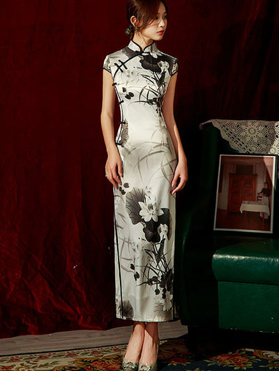 2022 Lotus Print Maxi Cheongsam Qi Pao Dress