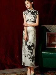 2022 Lotus Print Maxi Cheongsam Qi Pao Dress