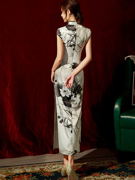 2022 Lotus Print Maxi Cheongsam Qi Pao Dress