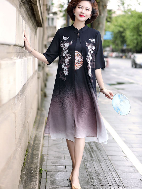 Pink Black Mother's Chiffon Cheongsam Qi Pao Dress