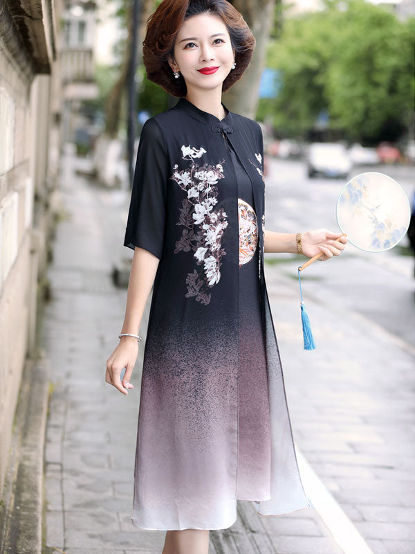 Pink Black Mother's Chiffon Cheongsam Qi Pao Dress