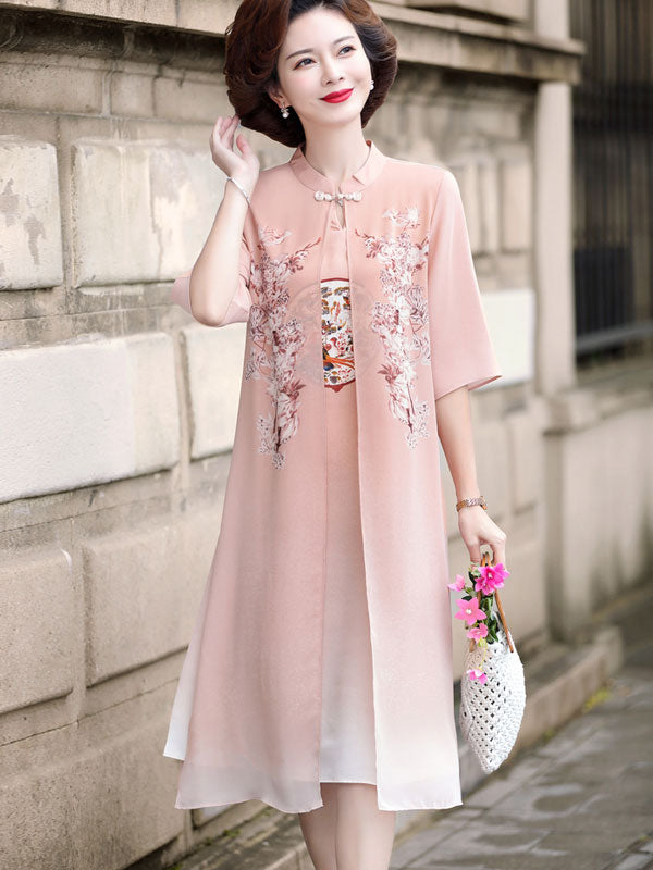 Pink Black Mother's Chiffon Cheongsam Qi Pao Dress