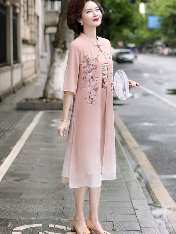 Pink Black Mother's Chiffon Cheongsam Qi Pao Dress