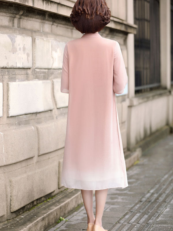 Pink Black Mother's Chiffon Cheongsam Qi Pao Dress