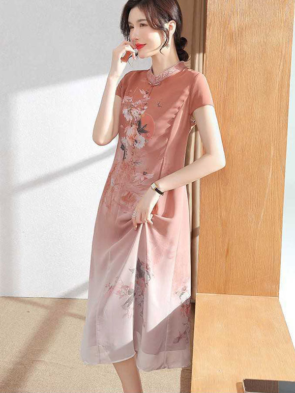Pink Green Floral Chiffon A-Line Cheongsam Qi Pao Dress