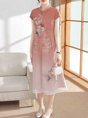 Pink Green Floral Chiffon A-Line Cheongsam Qi Pao Dress