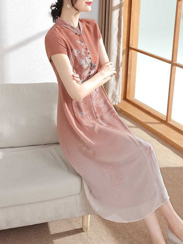 Pink Green Floral Chiffon A-Line Cheongsam Qi Pao Dress