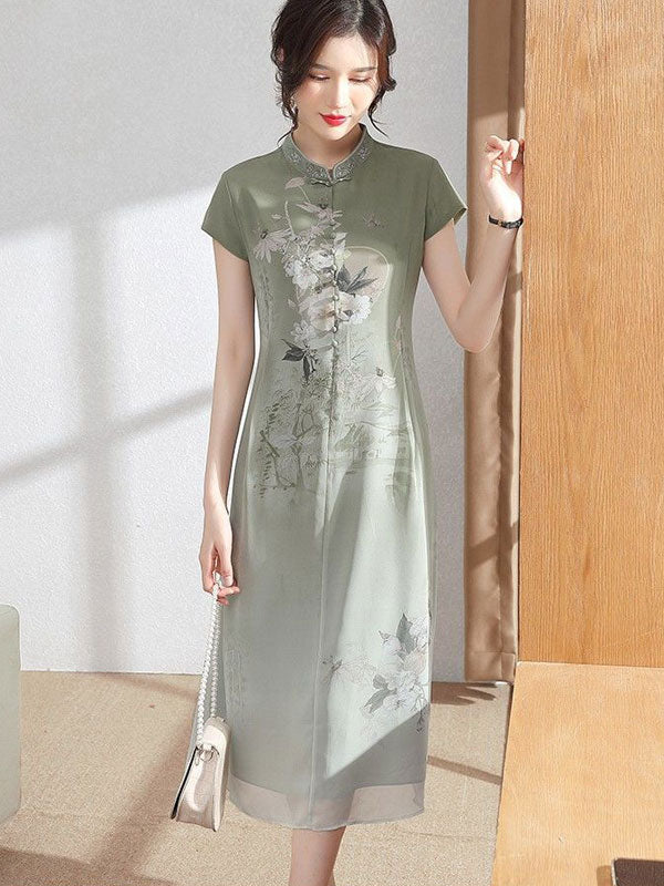 Pink Green Floral Chiffon A-Line Cheongsam Qi Pao Dress