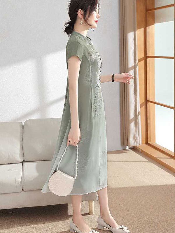 Pink Green Floral Chiffon A-Line Cheongsam Qi Pao Dress