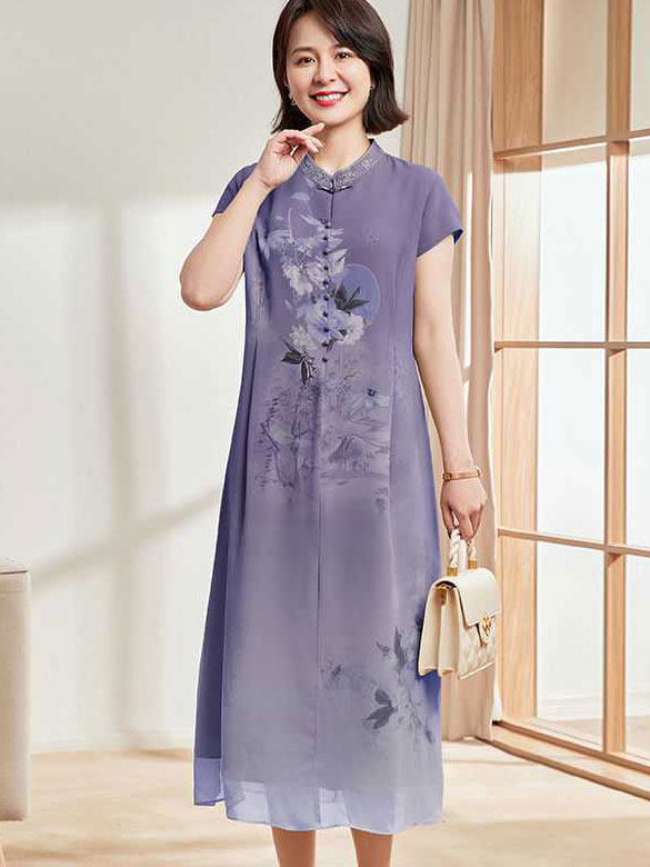 Pink Green Floral Chiffon A-Line Cheongsam Qi Pao Dress