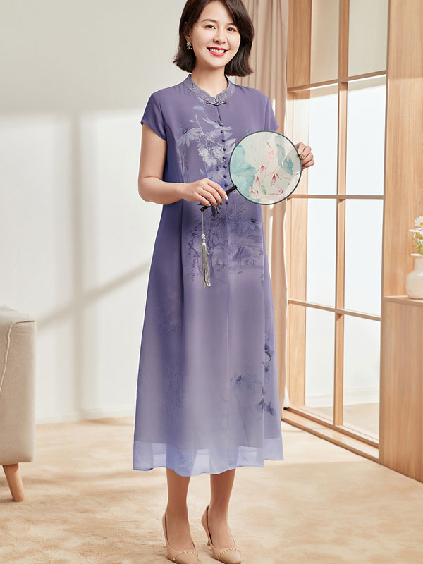 Pink Green Floral Chiffon A-Line Cheongsam Qi Pao Dress