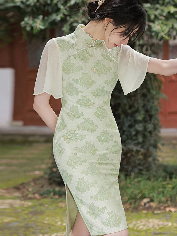 Green Floral Summer Cheongsam Qi Pao Dress with Bell Sleeve