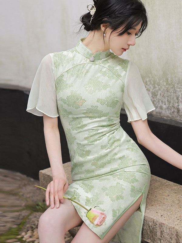 Green Floral Summer Cheongsam Qi Pao Dress with Bell Sleeve