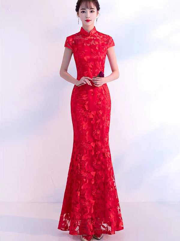 Red Lace Fishtail Cheongsam Qi Pao Wedding Dress