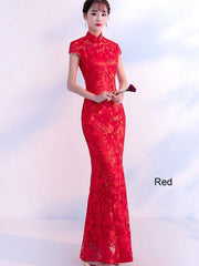Red Lace Fishtail Cheongsam Qi Pao Wedding Dress