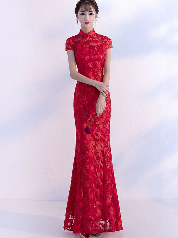 Red Lace Fishtail Cheongsam Qi Pao Wedding Dress