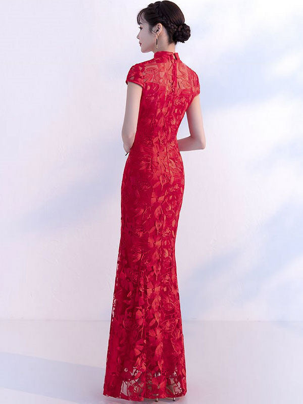 Red Lace Fishtail Cheongsam Qi Pao Wedding Dress