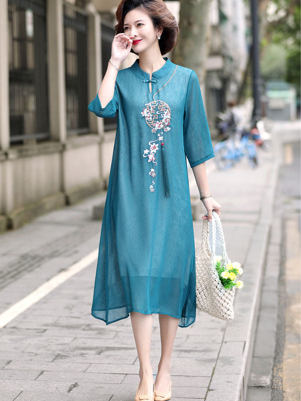 Pink Blue Mothers Embroidered Chiffon Cheongsam Qi Pao Dress