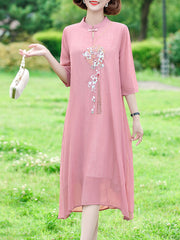 Pink Blue Mothers Embroidered Chiffon Cheongsam Qi Pao Dress
