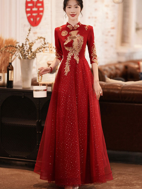 Burgundy A-Line Phoenix Wedding Qi Pao Cheongsam Dress