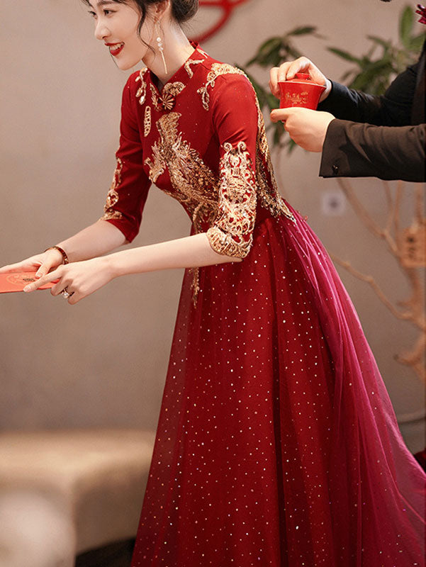 Burgundy A-Line Phoenix Wedding Qi Pao Cheongsam Dress