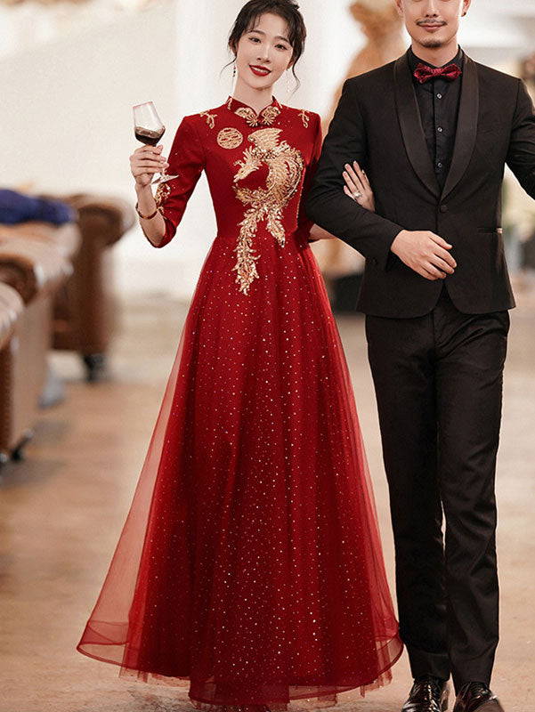 Burgundy A-Line Phoenix Wedding Qi Pao Cheongsam Dress
