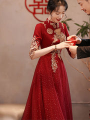 Burgundy A-Line Phoenix Wedding Qi Pao Cheongsam Dress