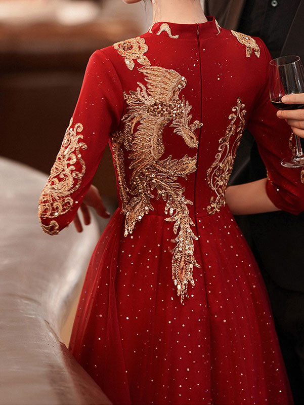 Burgundy A-Line Phoenix Wedding Qi Pao Cheongsam Dress
