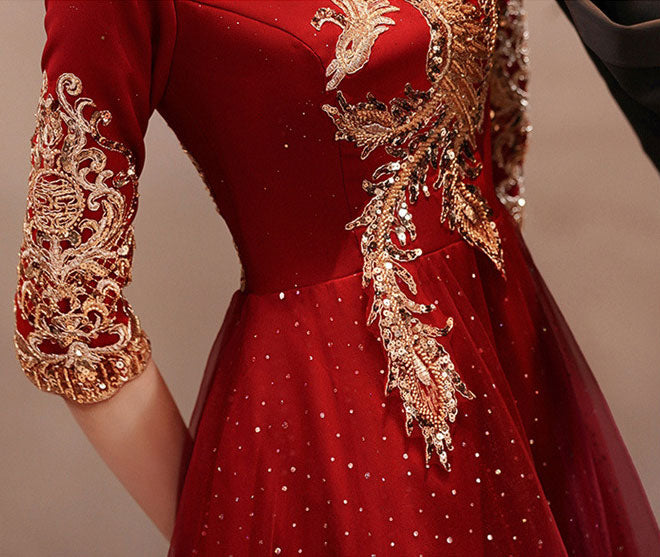 Burgundy A-Line Phoenix Wedding Qi Pao Cheongsam Dress