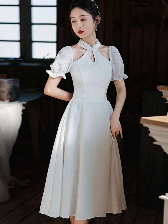 White Red Cold Shoulder Halter Collar Wedding Qi Pao Cheongsam Dress