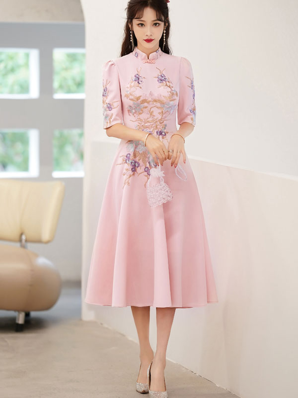 Pink Appliques Fit & Flare Wedding Cheongsam Qi Pao Dress