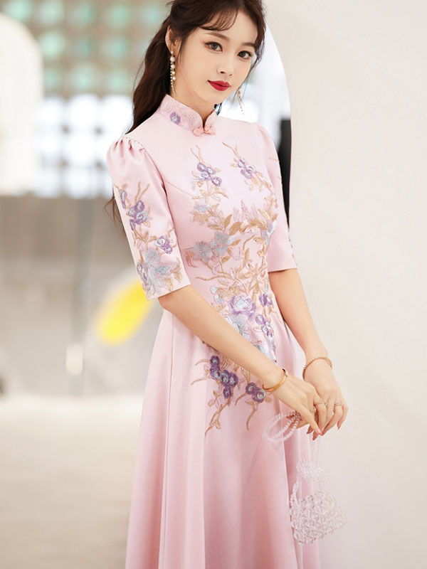 Pink Appliques Fit & Flare Wedding Cheongsam Qi Pao Dress