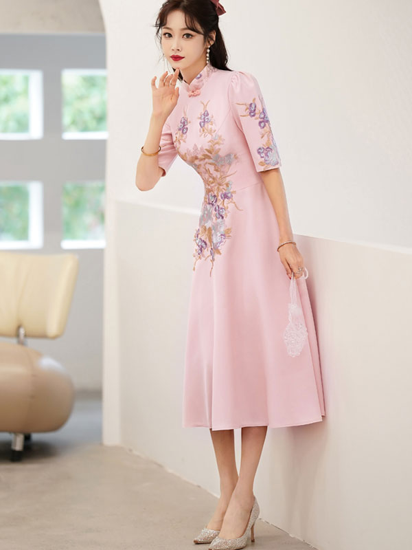 Pink Appliques Fit & Flare Wedding Cheongsam Qi Pao Dress