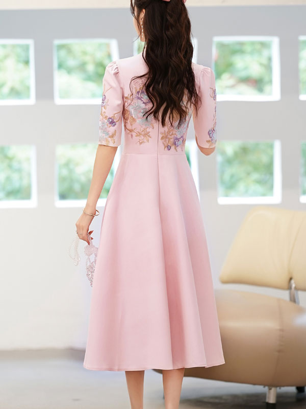 Pink Appliques Fit & Flare Wedding Cheongsam Qi Pao Dress