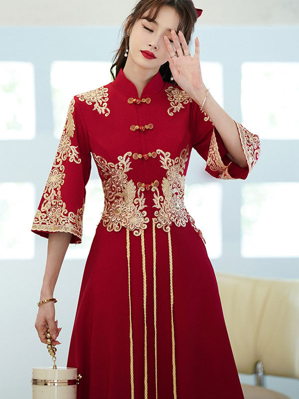 Burgundy A-Line Wedding Qi Pao Cheongsam Dress with Bell Sleeve