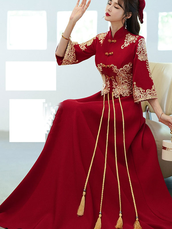 Burgundy A-Line Wedding Qi Pao Cheongsam Dress with Bell Sleeve