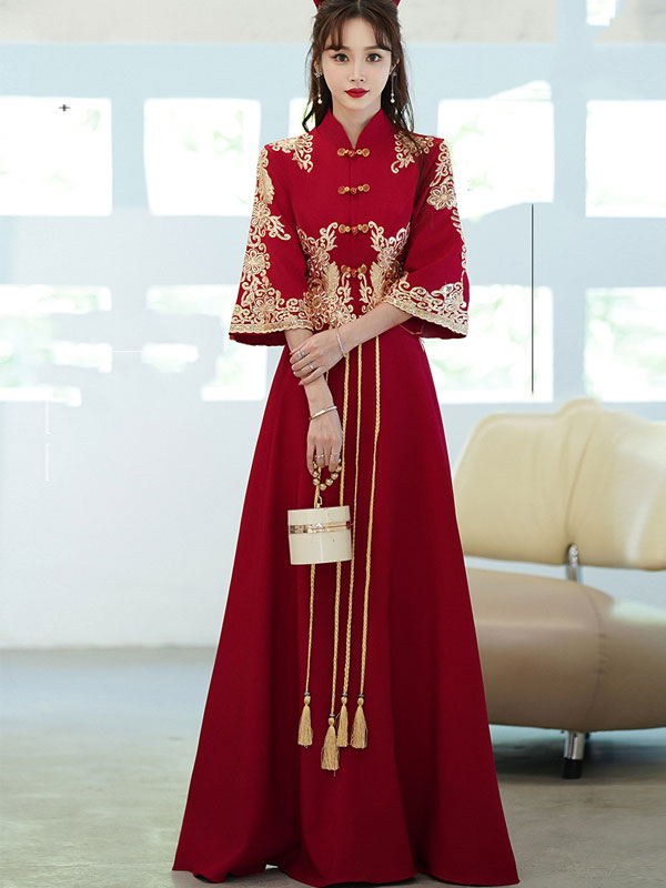 Burgundy A-Line Wedding Qi Pao Cheongsam Dress with Bell Sleeve