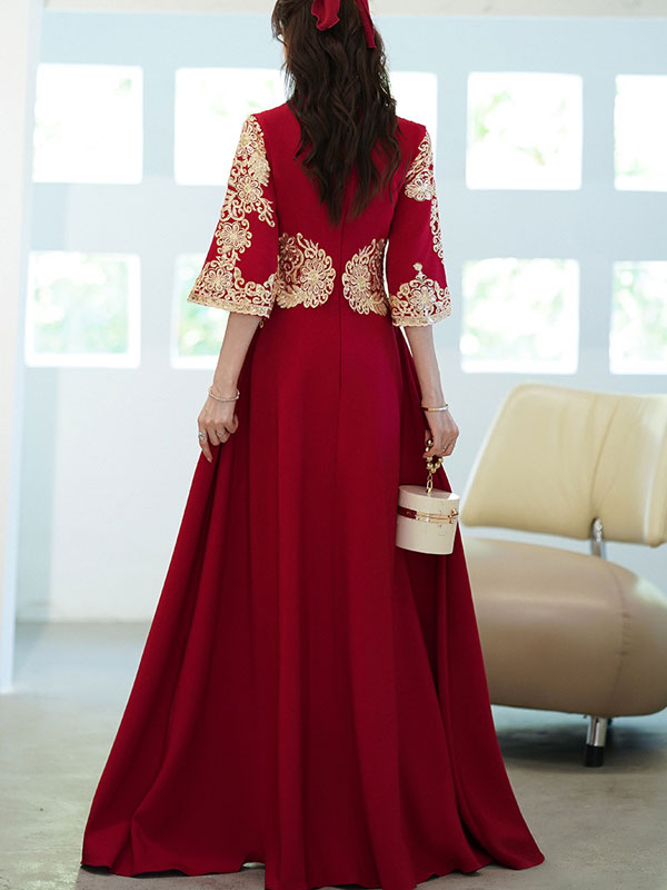 Burgundy A-Line Wedding Qi Pao Cheongsam Dress with Bell Sleeve