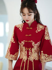 Burgundy A-Line Wedding Qi Pao Cheongsam Dress with Bell Sleeve