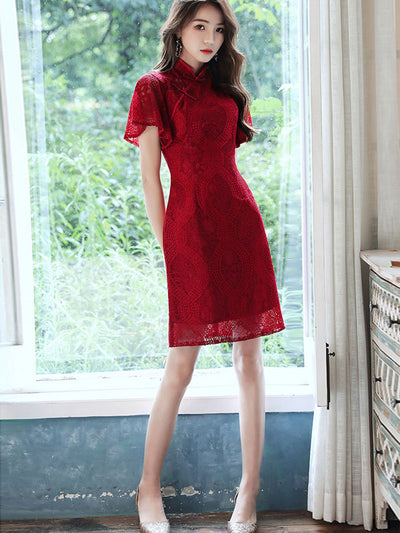 Burgundy Lace Wedding Cheongsam Qi Pao Dress with Flutter Sleeve