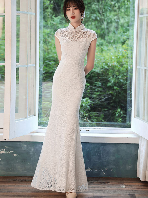 white lace fishtail dress Vintage White Lace Beaded Long Sleeves Small Fishtail Wedding Dress P3 PreppyDress