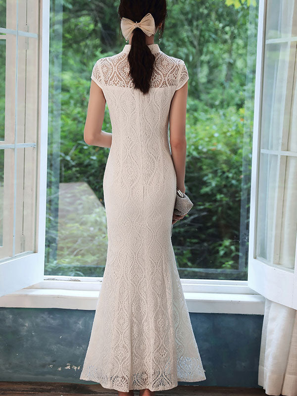 White Lace Fishtail Bride Cheongsam Qi Pao Dress