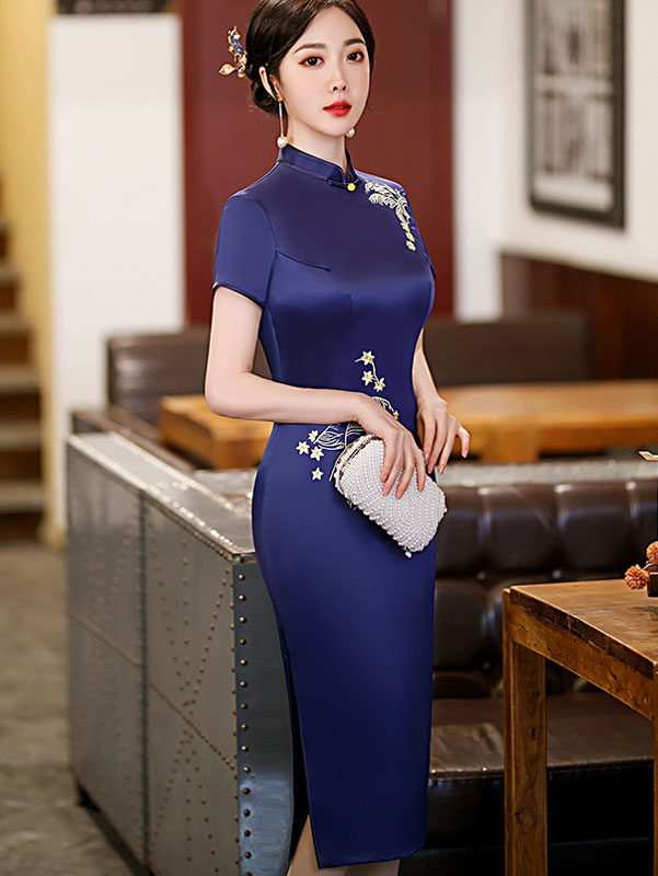Blue Pink Mothers Embroidered Mid Cheongsam Qi Pao Dress