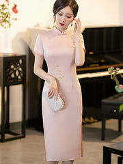 Blue Pink Mothers Embroidered Mid Cheongsam Qi Pao Dress
