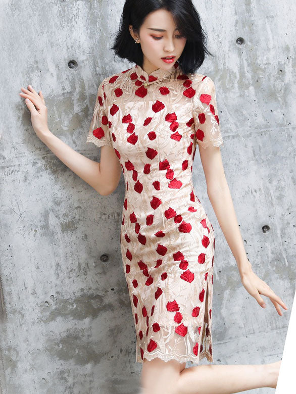 Embroidered Rose Mid Modern Cheongsam Qi Pao Dress